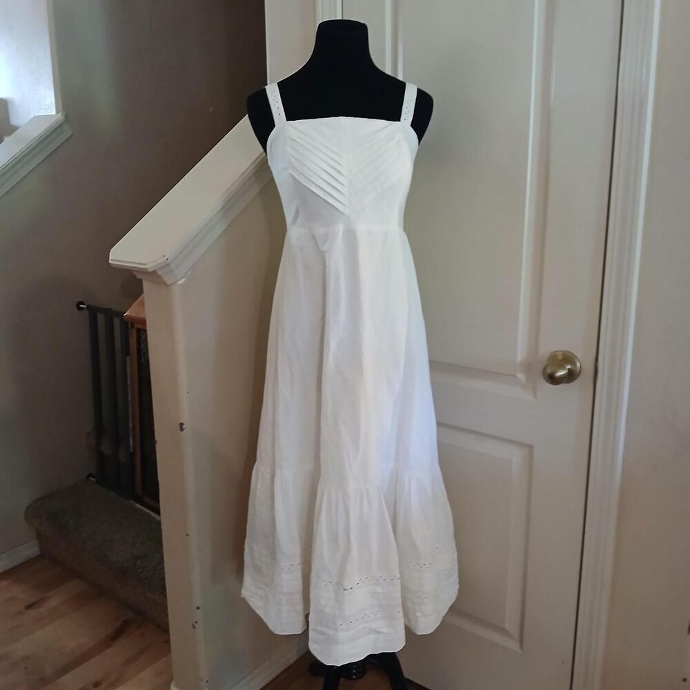 Hatley White Cotton Linen Blend Empire Waist Smocked Back Tiered Midi Dress S